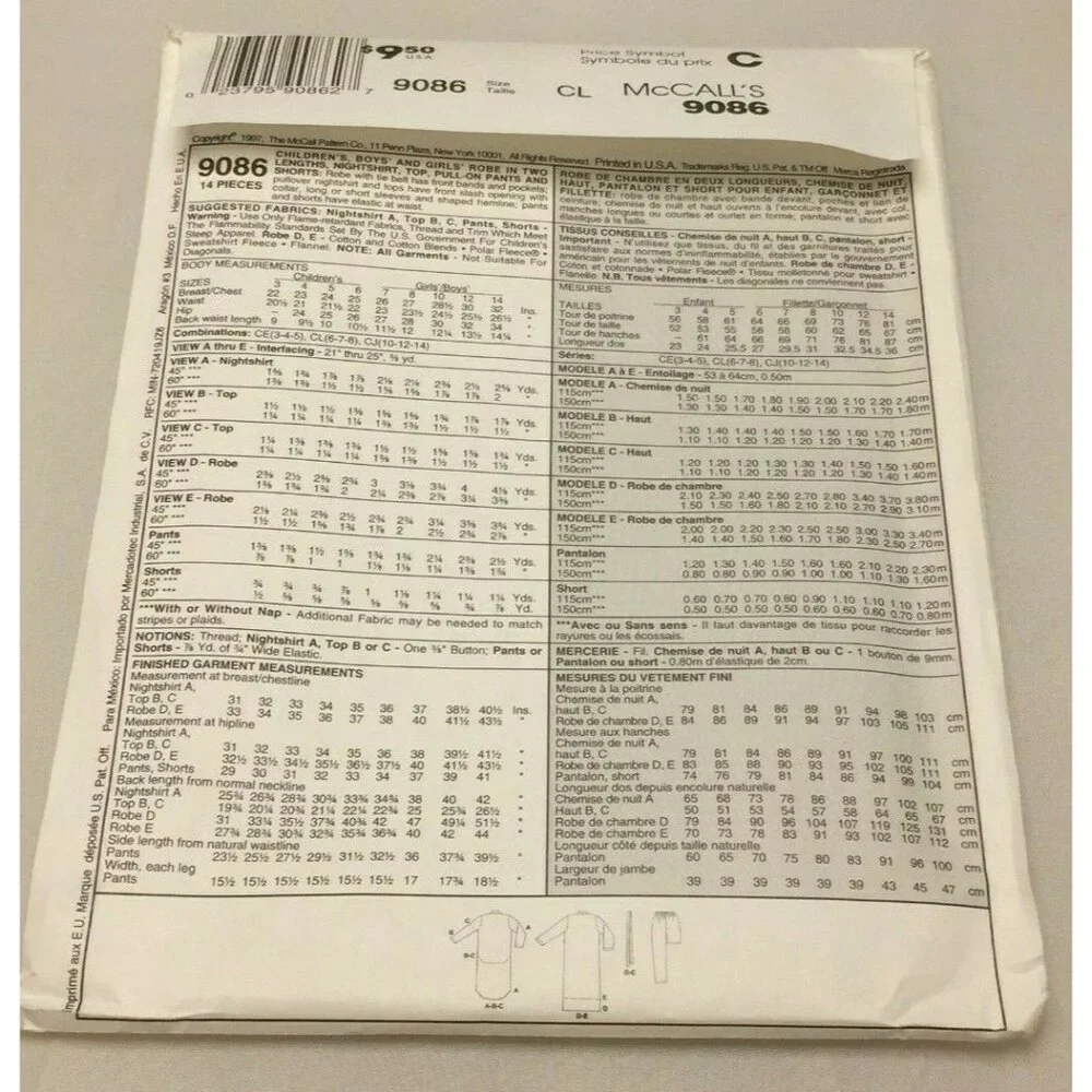 McCalls Easy 9086 Night Shirt Robe Pants Sewing Pattern Craft Size CL Kids 6 7 8